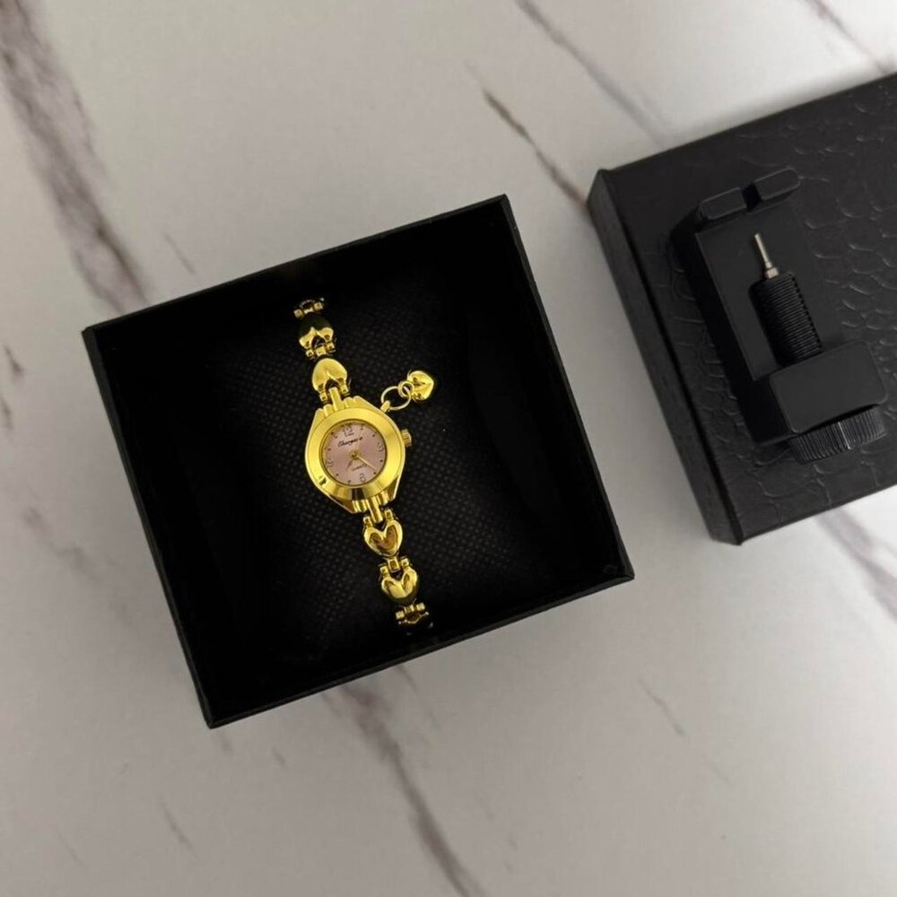 Sku:0167 vintage vibe gold pink watch with heart stainless steel + in a gift box